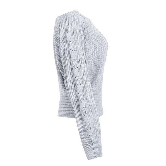 Off Shoulder Braided Sleeve Ribbed Knit Sweater - Picture 4 of 5